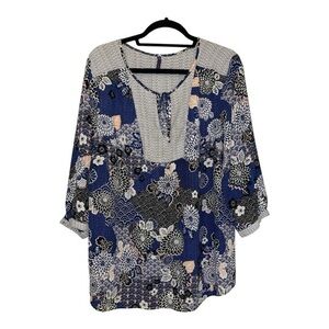 NYDJ Blue and White 3/4 Sleeve Bib Collar Blouse